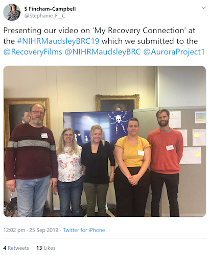 Tweet from @Stephanie_F__C: Presenting our video on ‘My Recovery Connection’ at the #NIHRMaudsleyBRC19 which we submitted to the  @RecoveryFilms   @NIHRMaudsleyBRC   @AuroraProject1
