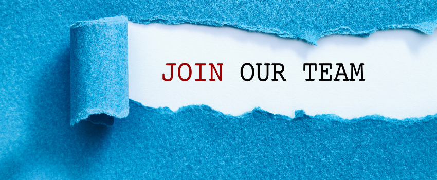 Type written text saying join our team on blue background