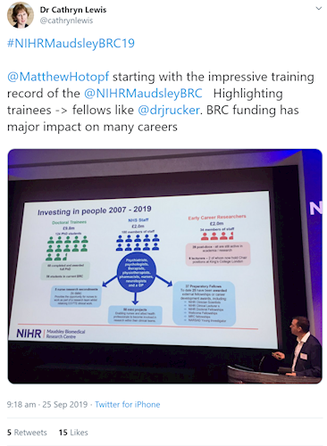 Tweet from @cathrynlewis: #NIHRMaudsleyBRC19   @MatthewHotopf  starting with the impressive training record of the  @NIHRMaudsleyBRC    Highlighting trainees -> fellows like  @drjrucker . BRC funding has major impact on many careers