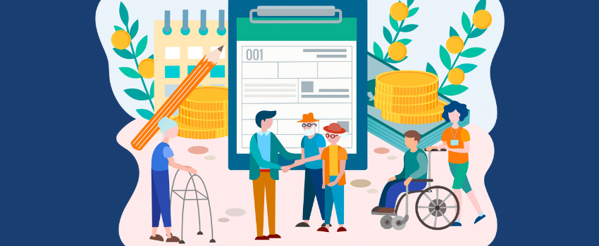 illustration of vulnerable people shaking hands with form in the background and coins