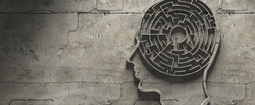 Illustration of a maze inside a mind in concrete