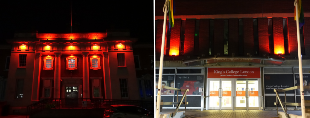 Maudsley Hospital and IoPPN buildings lit up red