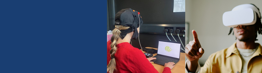 Woman wearing headset looking at laptop; man wearing VR headset