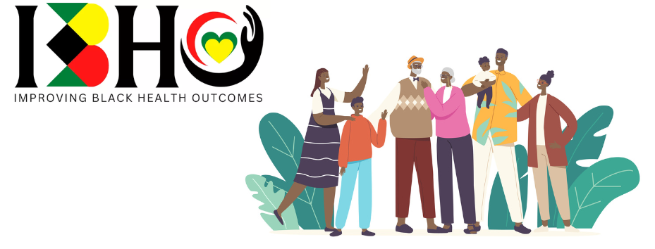 Logo for  Improving Black Health Outcomes (IBHO) BioResource with illustration of a Black family