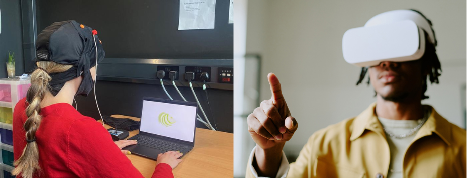 Two images - one shows a woman facing a laptop with a cap on her head with wires ocming off it. A youg black man wears a VR headset and points